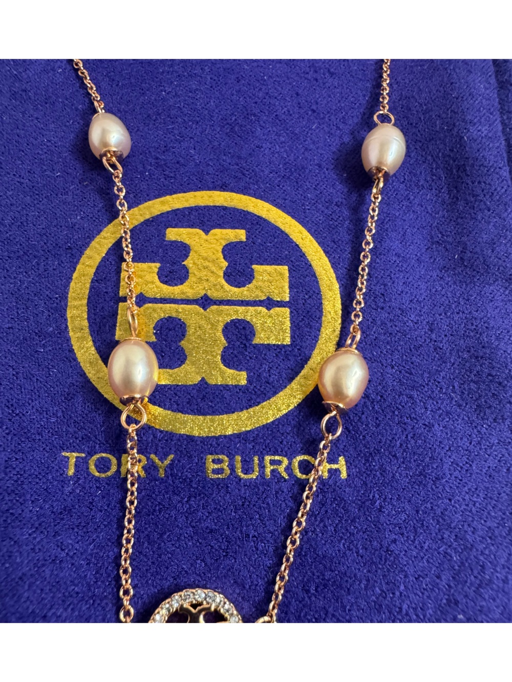 Tory Burch NWT Miller Pave Crystal & Rose Gold Pearl Chain Necklace